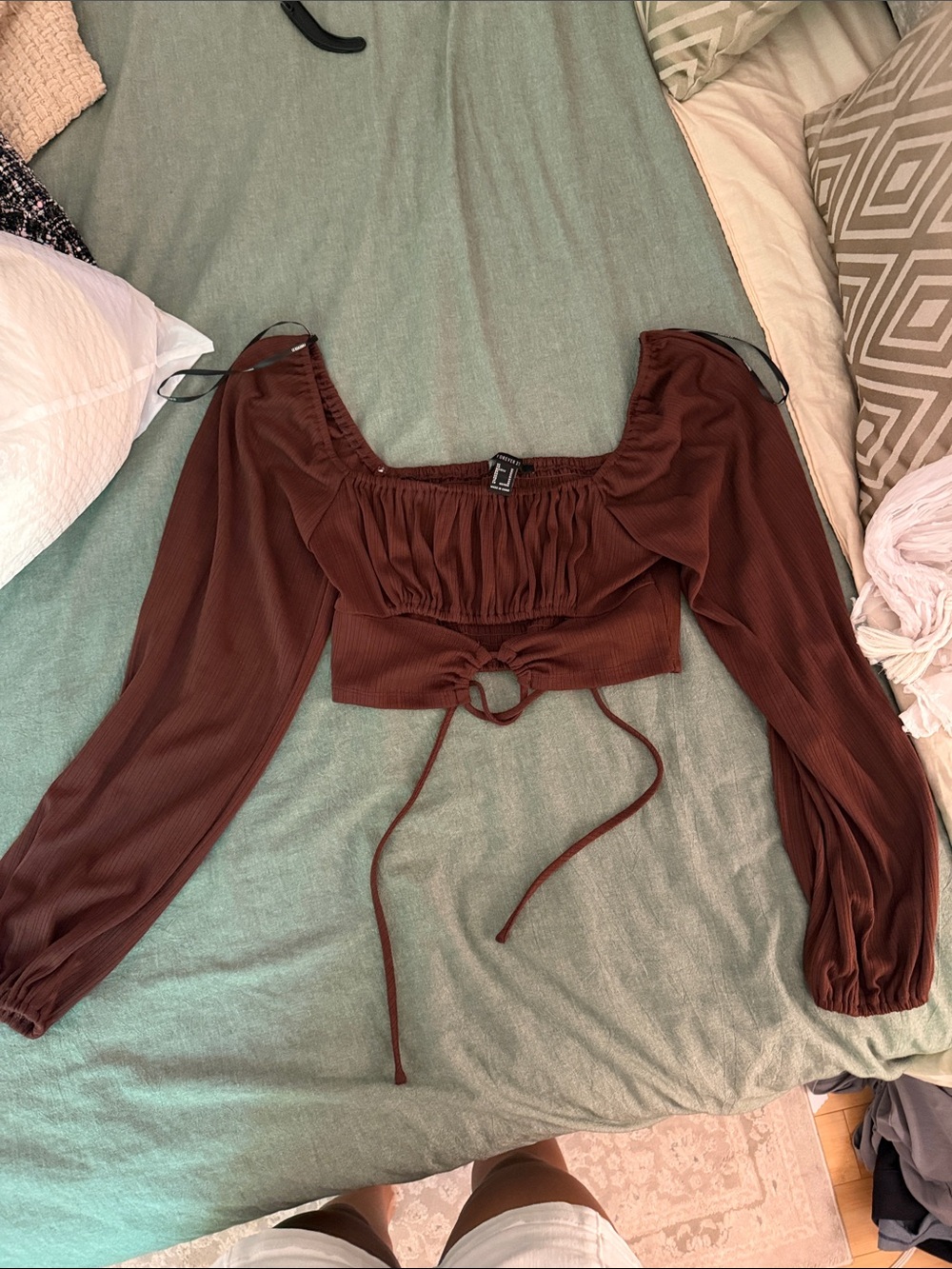 Forever 21 Brown Off-the-Shoulder Long Sleeve Crop Top